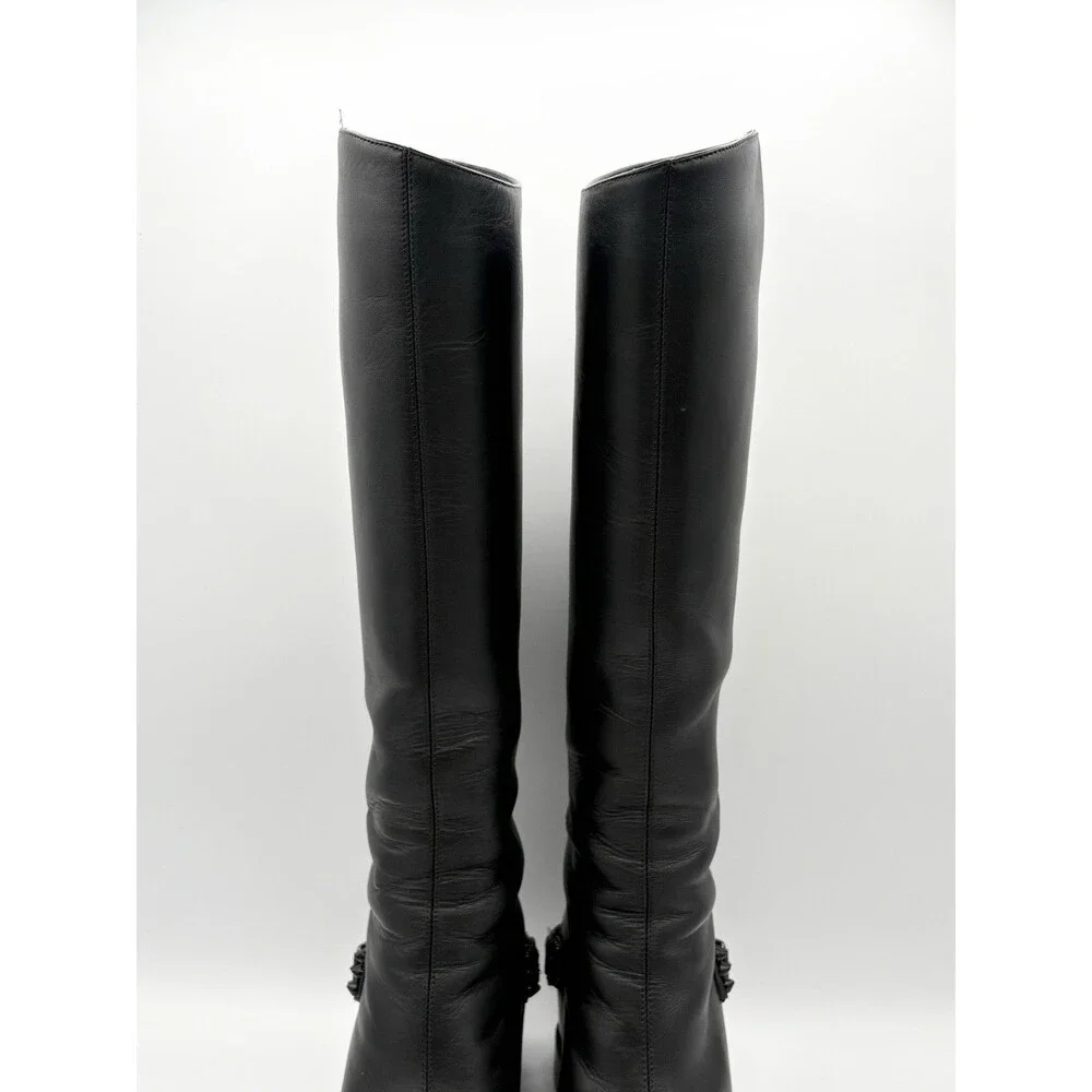 Christian Louboutin Black Leather Spike Cap Toe Egoutina Knee High Boots EU 35